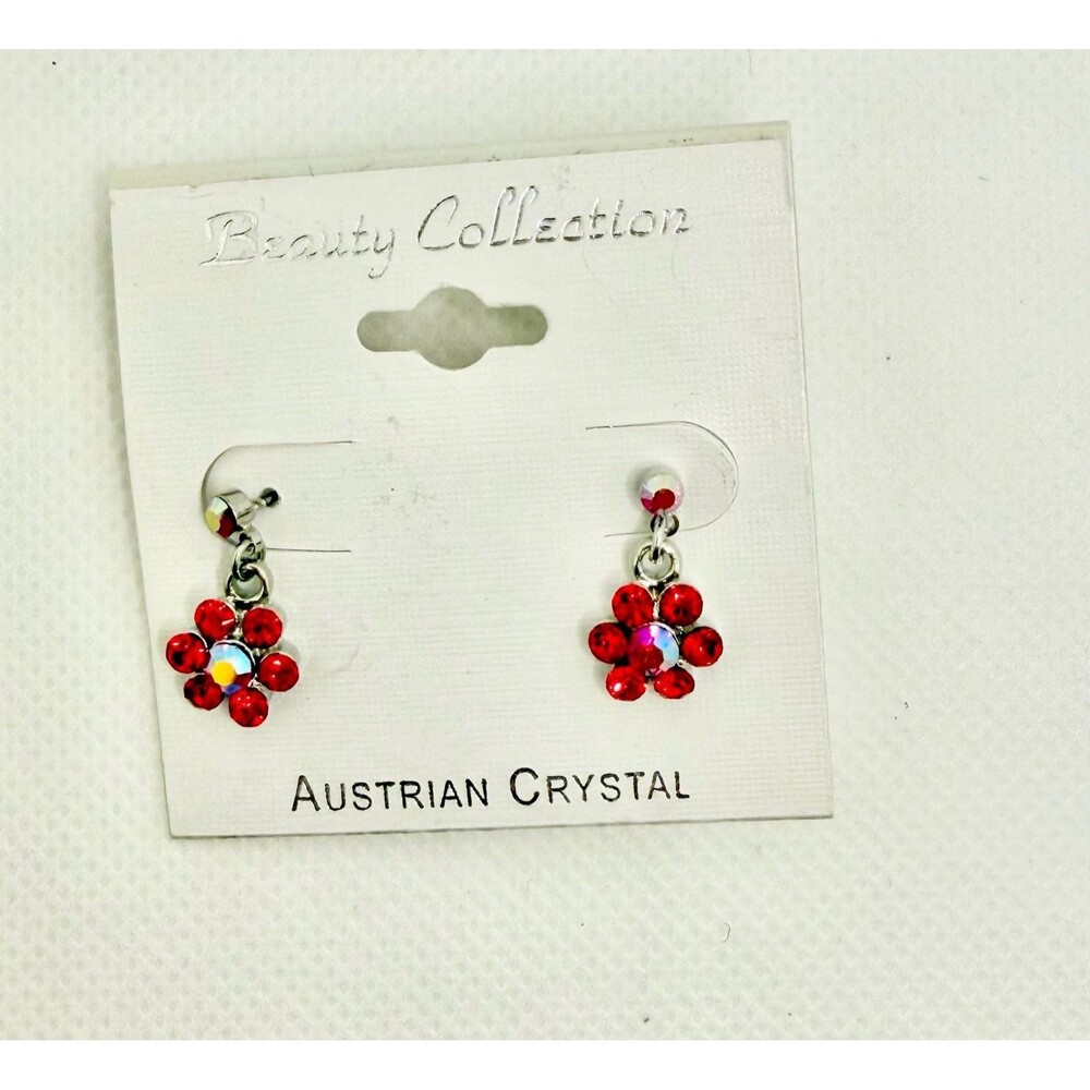 Beauty Collection Red Flower Dangle Earrings with Austrian Crystal